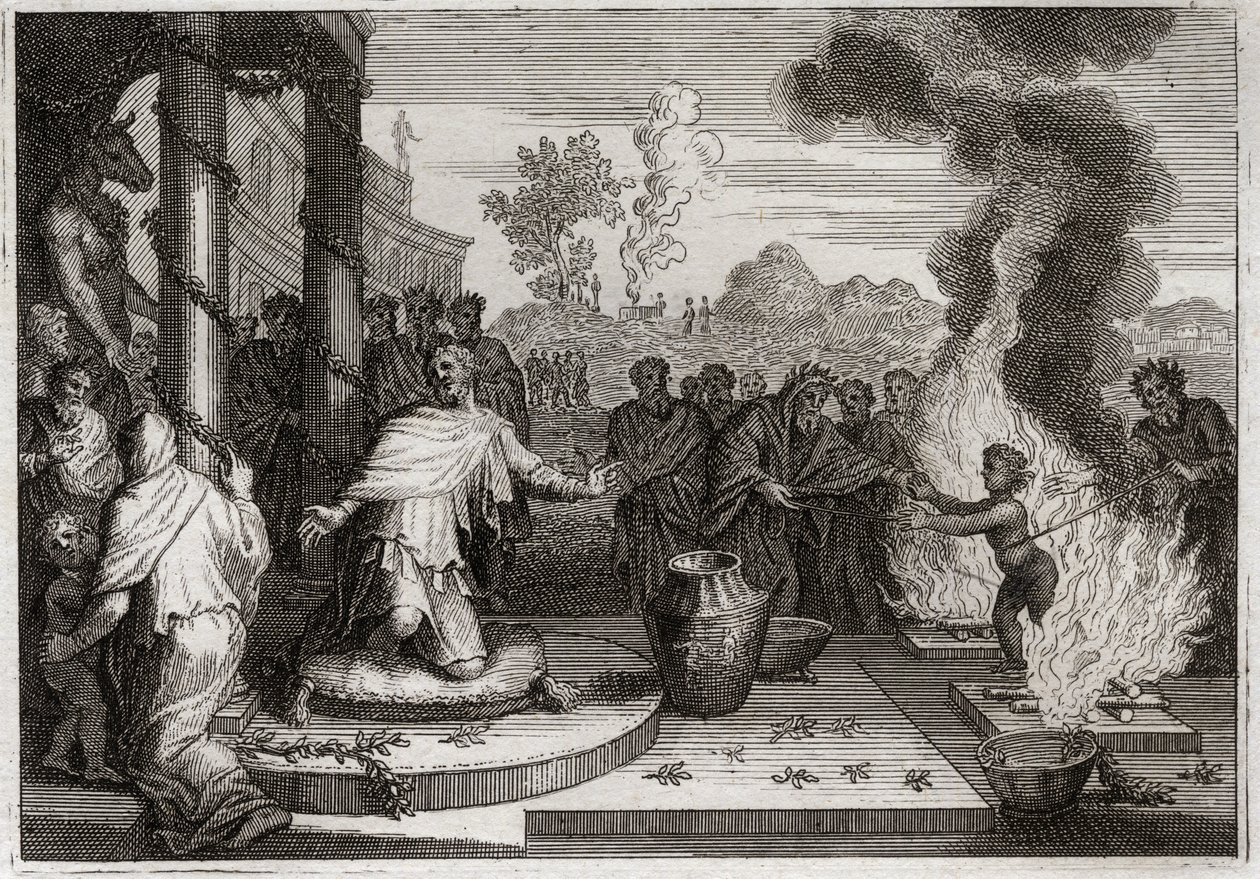 Bible of Royaumont, Gamle Testamente: Ahaz Unholy King. Den onde Ahaz, Judas konge, irriterer Gud og bliver overgivet til fjenderne. Illustration fra 1811. af Unknown artist