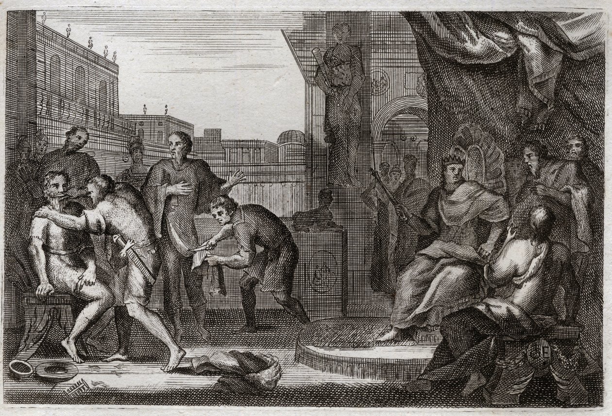 Bible of Royaumont, Gamle Testamente: Davids ambassadører. David sendte Joab mod ammonitterne for at hævne sig for den fornærmelse, som deres fyrste Hanon havde gjort mod sine ambassadører, som han havde taget som spioner. Illustration fra 1811. af Unknown artist