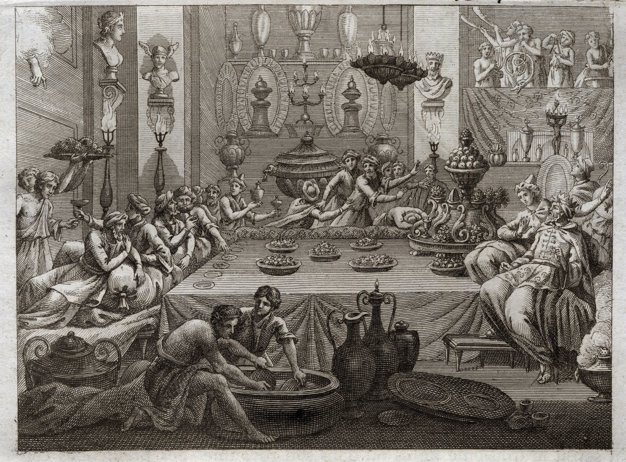 Bible of Royaumont, Gamle Testamente: Balthazar fordømmer. Kong Balthazar (Belshatsar) ved bordet ser en hånd, der med tre ord skriver slutningen af sin sætning. Illustration fra 1811. af Unknown artist