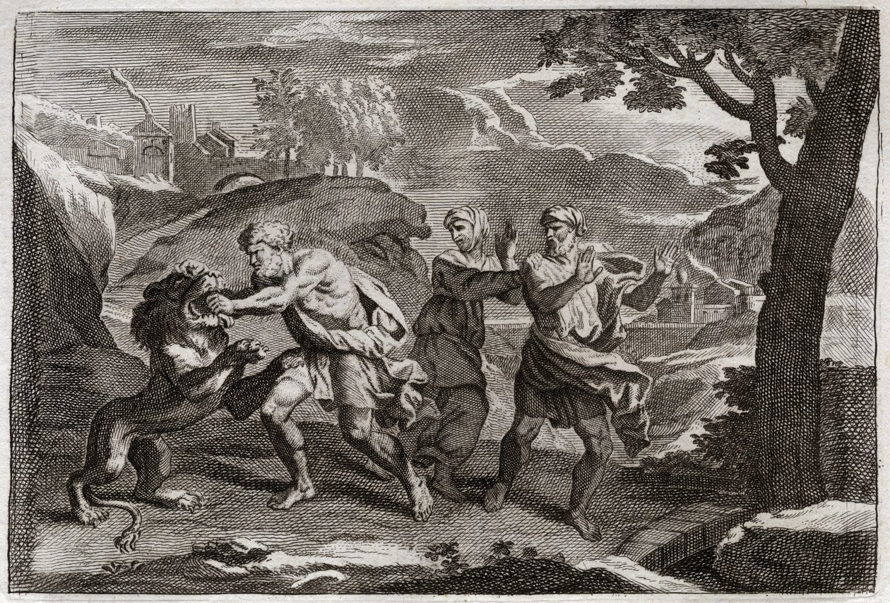 Bible of Royaumont, Gamle Testamente: Samsons fødsel. Samson river en løve i stykker. Illustration fra 1811. af Unknown artist