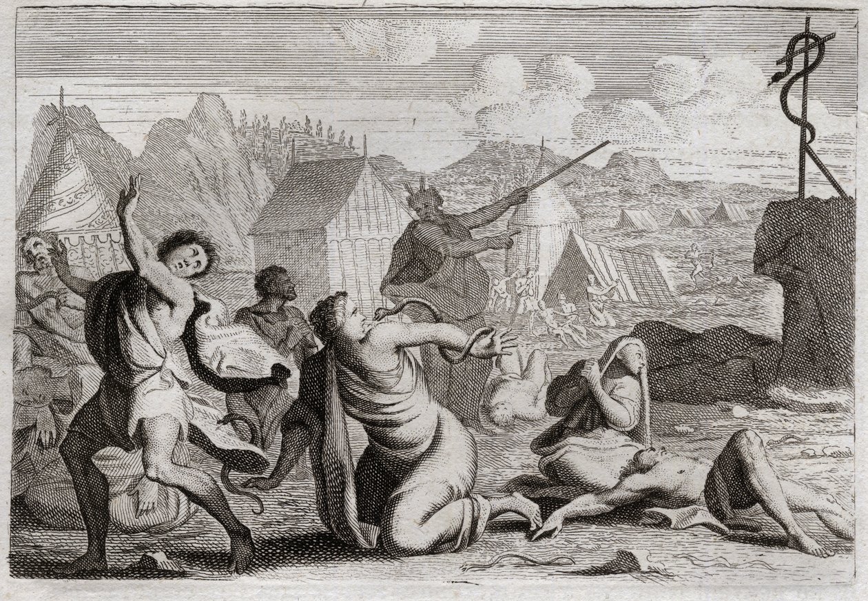 Bible of Royaumont, Gamle Testamente: Brasen Snake. Folket, der knurrer mod Gud og mod Moses, bliver straffet med ildslanger; hvorfra de blev såret af en slange af kobber, som Moses havde oprejst for at blive set fra hele folket. Illustration af Unknown artist