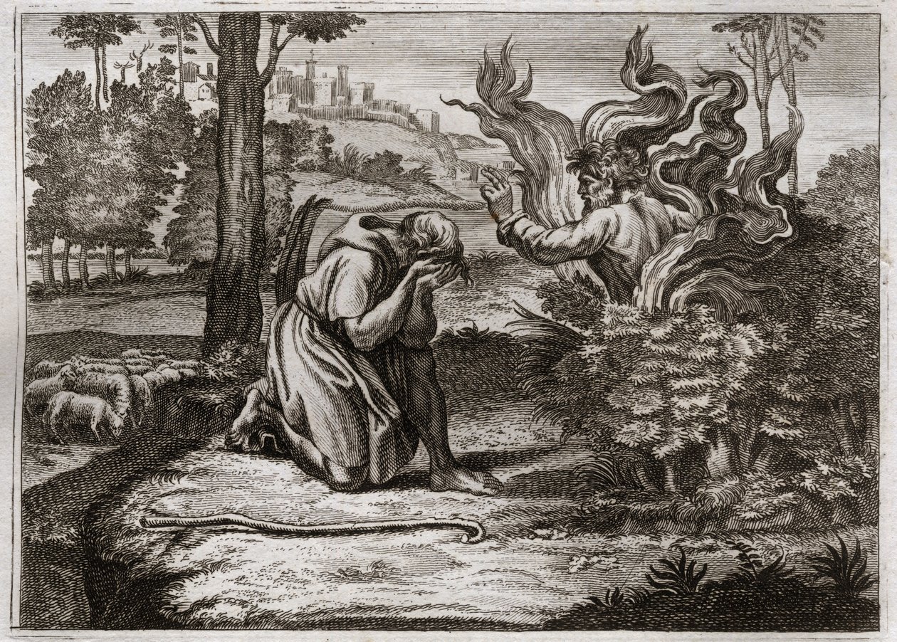 Bible of Royaumont, Gamle Testamente: Burning Bush. Gud taler til Moses midt i en brændende tornebusk. Illustration fra 1811. af Unknown artist