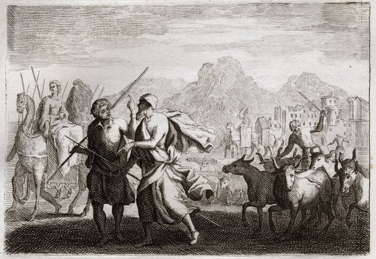 Bible of Royaumont, Gamle Testamente: Kald af Abraham. Gud kalder på Abraham og befaler ham at forlade kaldæernes land for at komme til et land, som han lovede at give ham. Illustration fra 1811. af Unknown artist