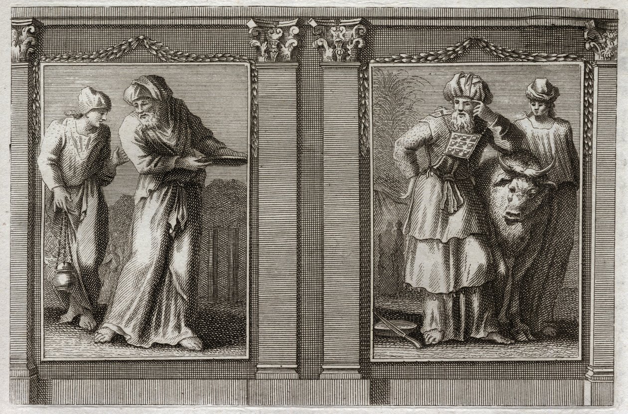 Bible of Royaumont, Gamle Testamente: Præsternes tøj. Skikkelse af storpræstens og de andre levitters klæder. Illustration fra 1811. af Unknown artist