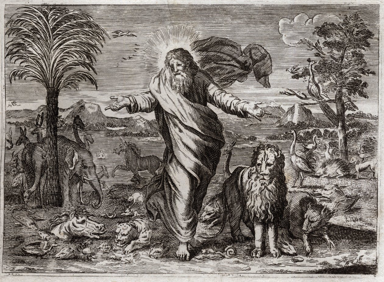 Bible of Royaumont, Det Gamle Testamente: Skabelsen af verden. Gud trækker himlen og jorden ud af ingenting, og på seks dage pryder den den og mennesker af skabninger af alle slags. Illustration fra 1811. af Unknown artist
