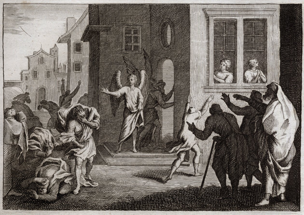 Bible of Royaumont, Gamle Testamente: Sodomitternes forbrydelser. Loth modtager engle i sit hus. Sodomitterne (Sodoma) ønsker at volde dem. Englene slår dem blindt. Illustration fra 1811. af Unknown artist