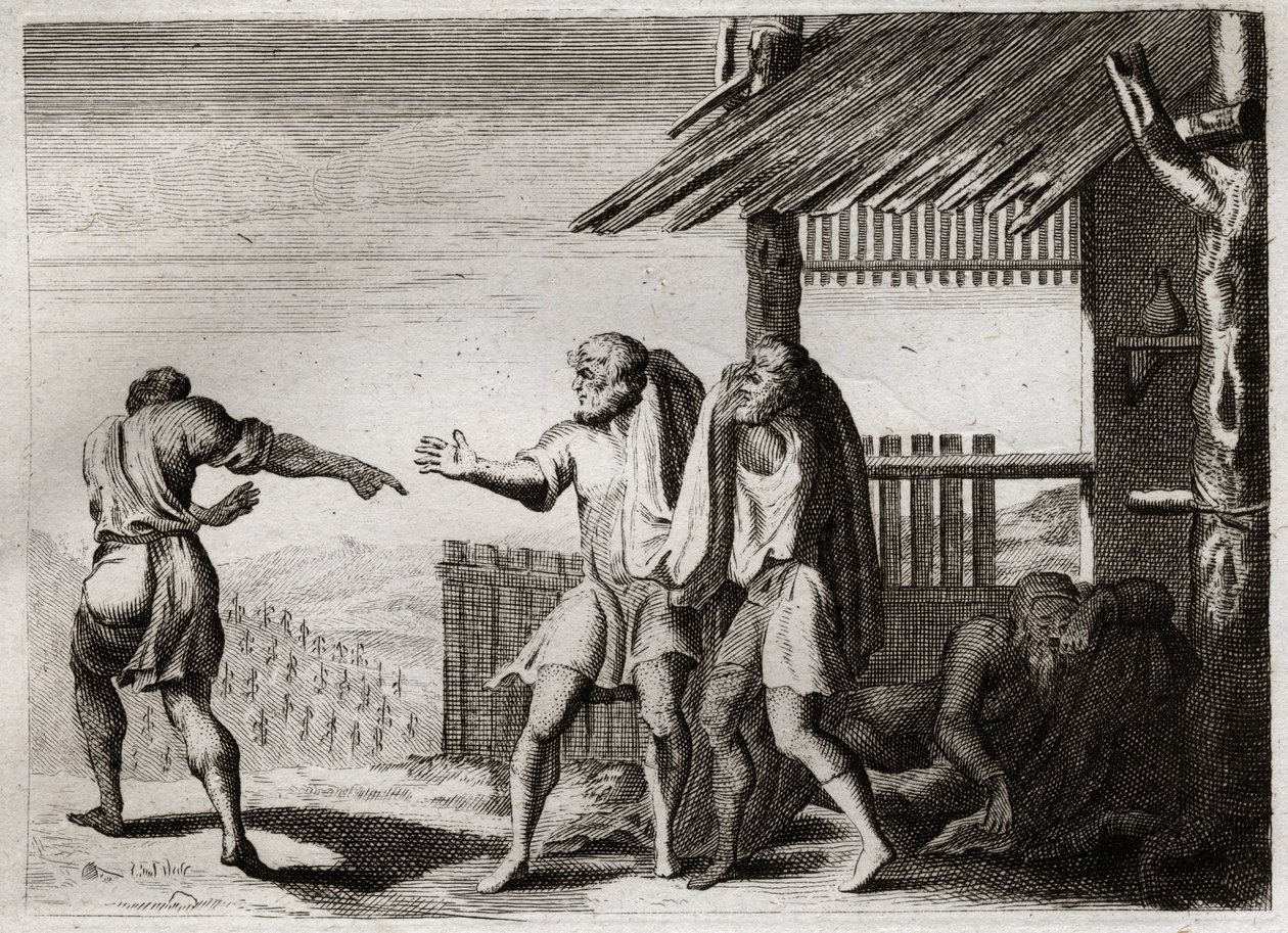 Bible of Royaumont, Gamle Testamente: Forbandet Cham af hans Fader (Noe drukkenskab). Cham, den anden af Noes børn, ser sin far i en uanstændig kropsholdning, er ligeglad og er forbandet over ham. Illustration fra 1811. af Unknown artist