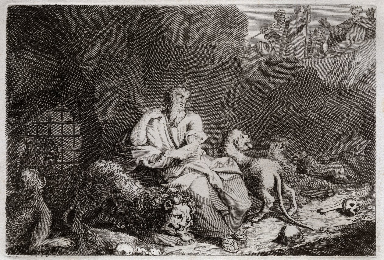 Bible of Royaumont, Det Gamle Testamente: Daniel i Løvegraven. Daniel bliver sat i Lions pit, og er mirakuløst beruset. Illustration fra 1811. af Unknown artist