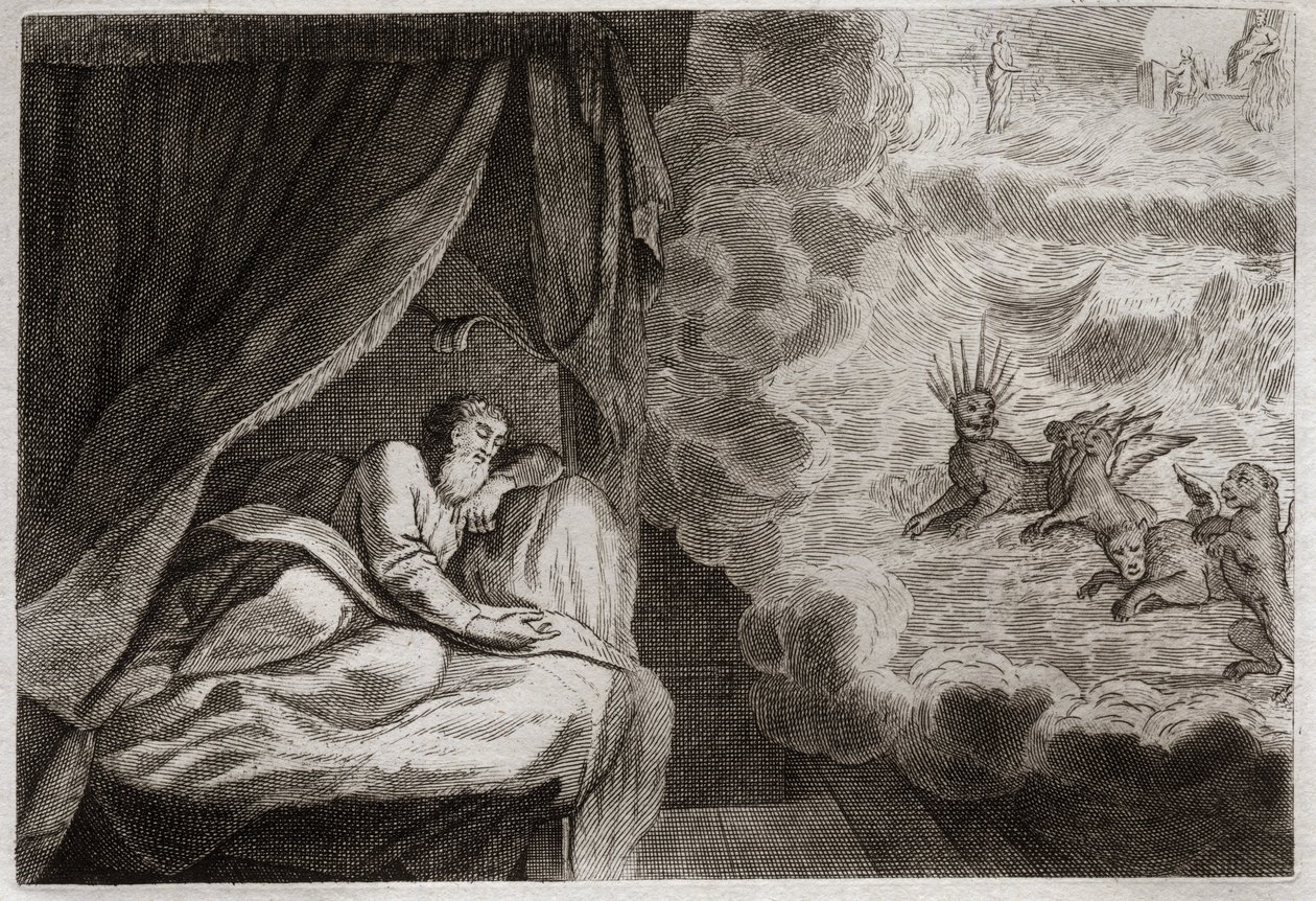Bible of Royaumont, Gamle Testamente: Daniels vision om de fire monarkier af assyrere, persere, grækere og romere. De ser fire monstre: Haniel, Kafziel, Azriel, Aniel. Illustration fra 1811. af Unknown artist
