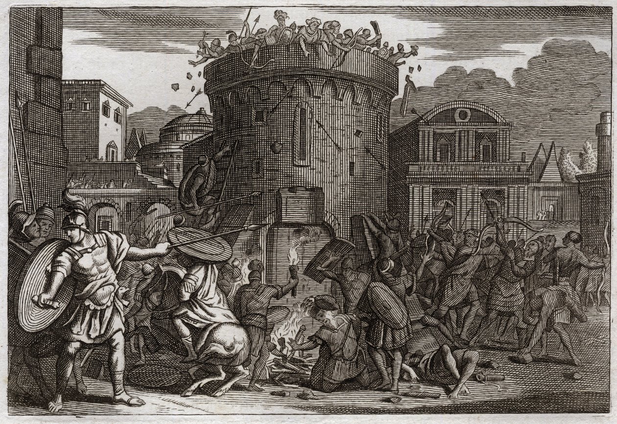 Bible of Royaumont, Det Gamle Testamente: Abimeleks død. Abimelek (Abimelec eller Ahimelek eller Ahimelek) bliver dræbt af en kvinde, der styrter ham ned med en sten ved belejringen af Tebetz. Illustration fra 1811. af Unknown artist