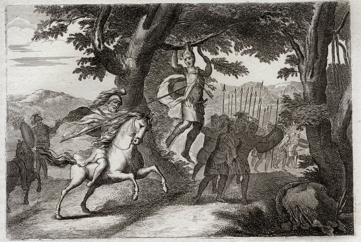Bible of Royaumont, Gamle Testamente: Absaloms død. Absalom (eller Avshalom, Absalom), der flygter fra kamp, bliver fanget af håret har en eg, eller Joab gennemborer ham hjertet af tre darter. Illustration fra 1811. af Unknown artist