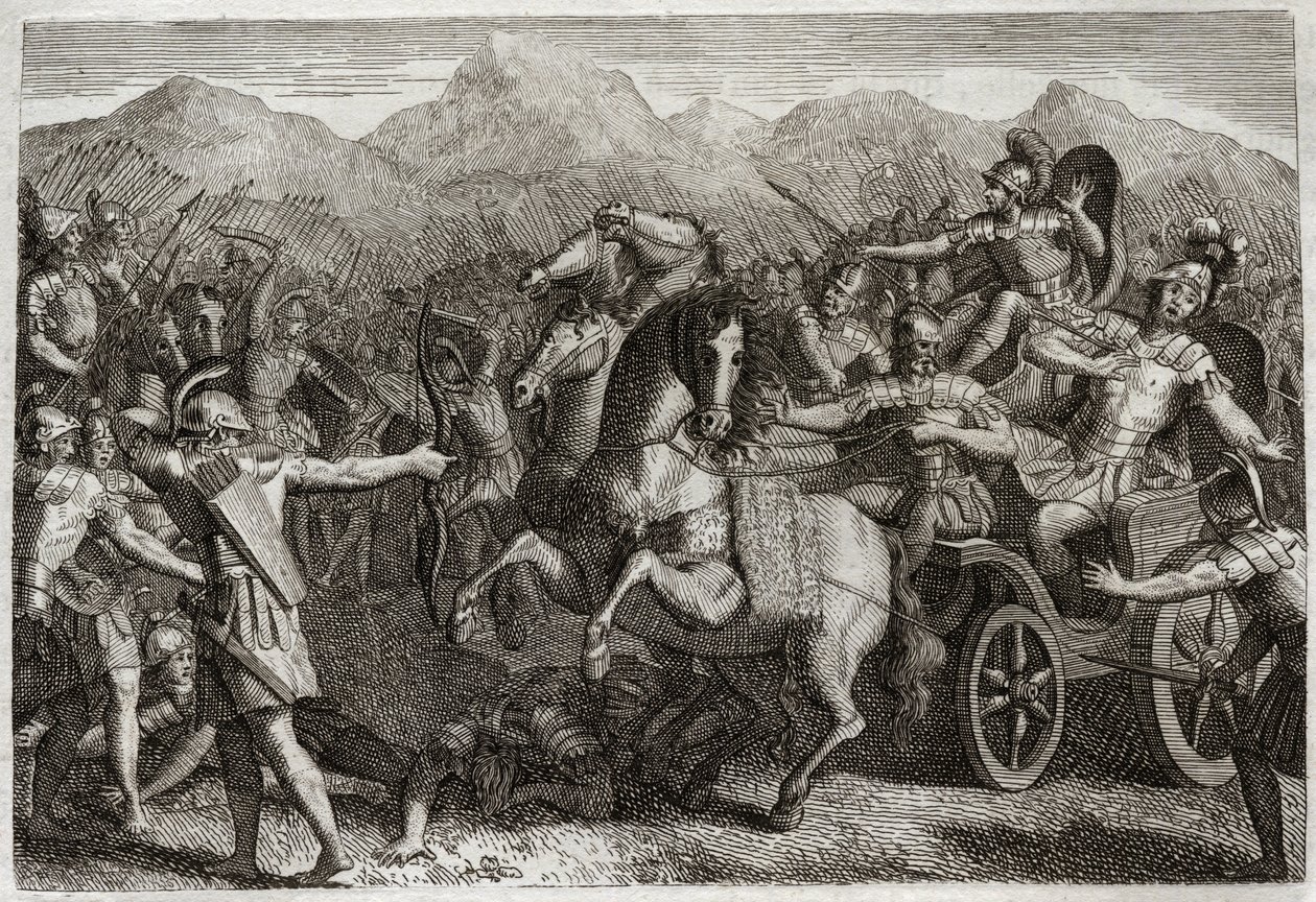 Bible of Royaumont, Gamle Testamente: Akabs død. Akab (Akhab) førte krig mod Syrien og blev dræbt med en tilfældig pil. Illustration fra 1811. af Unknown artist