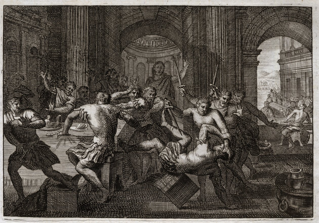 Bible of Royaumont, Det Gamle Testamente: Amnons død. Absalom (eller Avshalom, Absalon) bliver forsonet med David får hans bror Amnon (Ammon) til at flygte til en fest. David er tvunget til at flygte fra Jerusalem og lider denne forfølgelse med en vidunder af Unknown artist