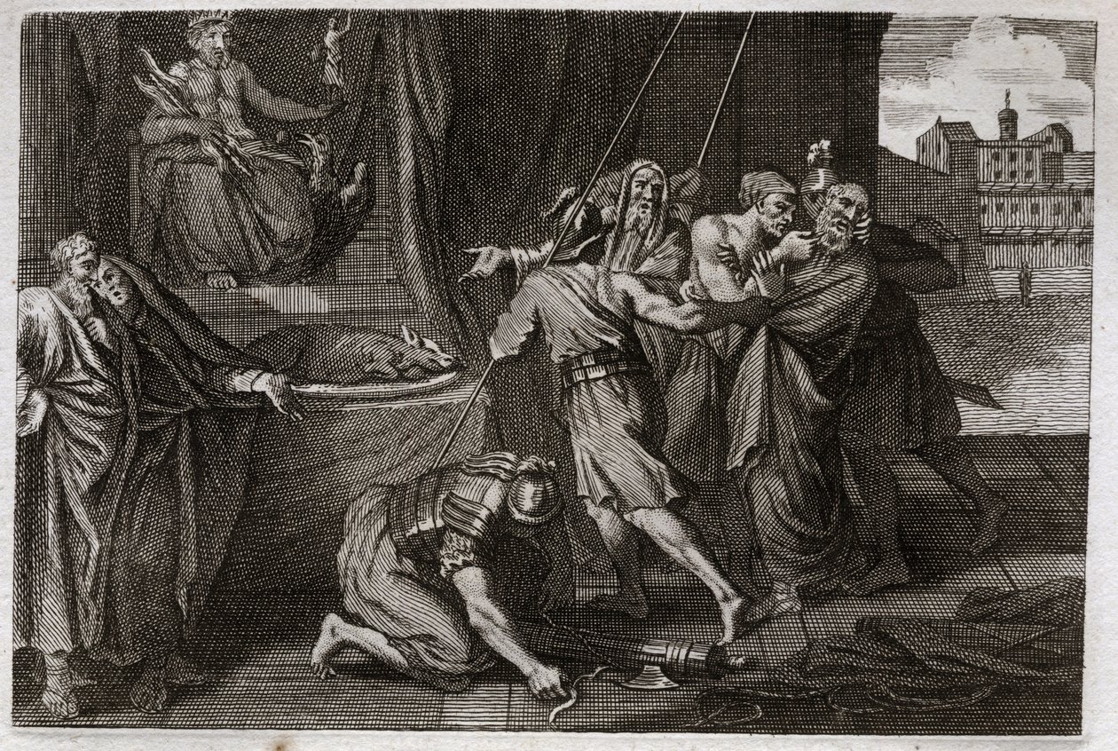 Bible of Royaumont, Gamle Testamente: Eleazars død. Den gamle helgen Eleazar blev dræbt efter ordre fra Antiochos IV Epiphane (175-164 f.Kr.), fordi han ikke ønskede at foregive at spise forsvaret kød. Illustration fra 1811. af Unknown artist