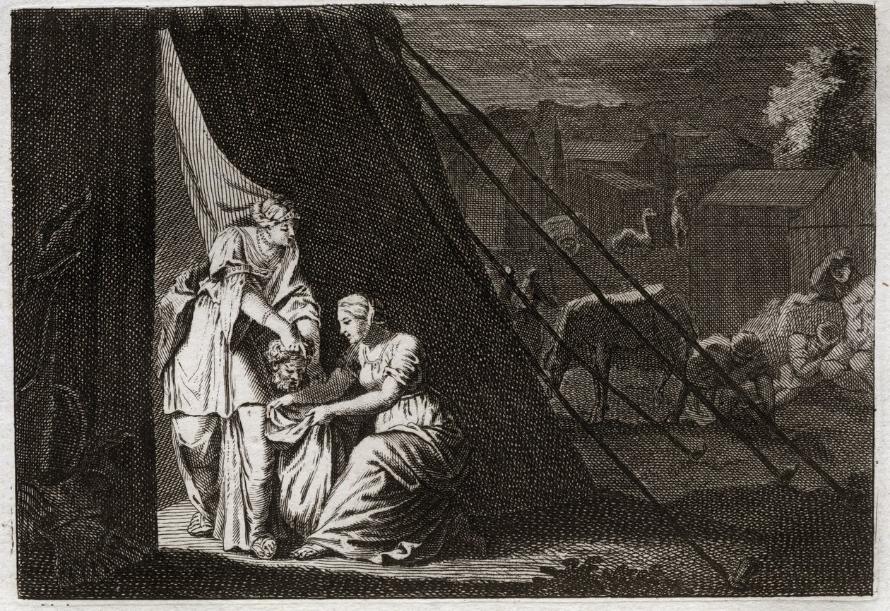 Bible of Royaumont, Det Gamle Testamente: Holofernes død. Judith skærer Holofernes hoved, hjulpet af tjenestepigen Abra, og delberusede Bethulie. Illustration fra 1811. af Unknown artist