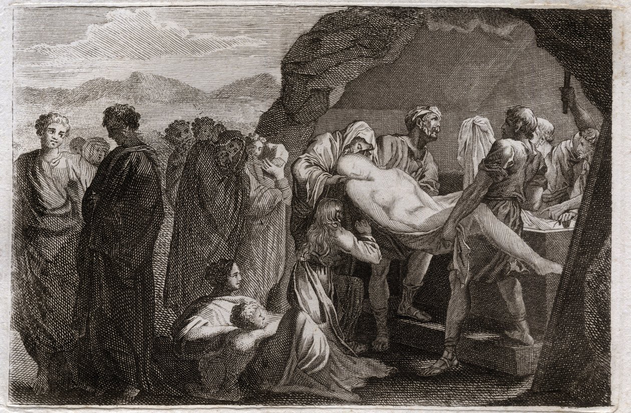 Bible of Royaumont, Gamle Testamente: Saras død. Sara (Sarah) dør. Abraham for at begrave ham købte en grav fra byen Get. Illustration fra 1811. af Unknown artist