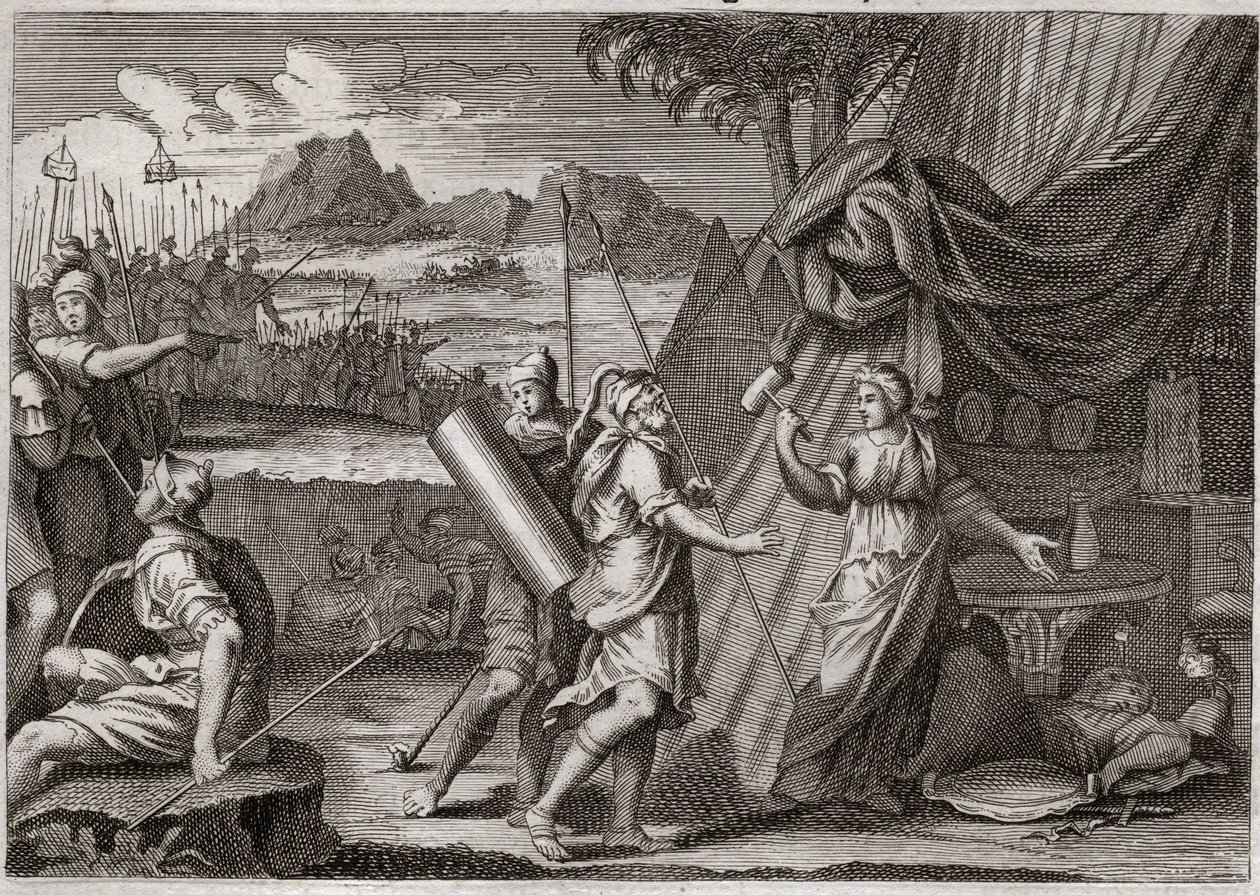 Bible of Royaumont, Gamle Testamente: Sisaras død. Yael (Jael) dræber lederen af Kanan-hæren Sisra (Sisera eller Sisara). Illustration fra 1811. af Unknown artist