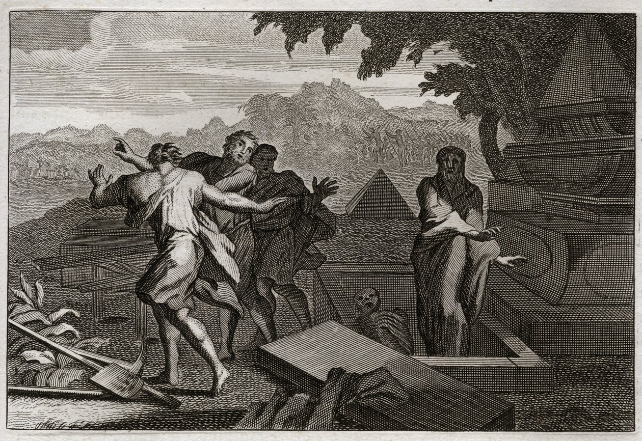 Bible of Royaumont, Gamle Testamente: Døden stiger. En død mand blev ved et tilfælde tabt ved Elisees grav, og han genopstod ved at røre ved hans knogler. Illustration fra 1811. af Unknown artist