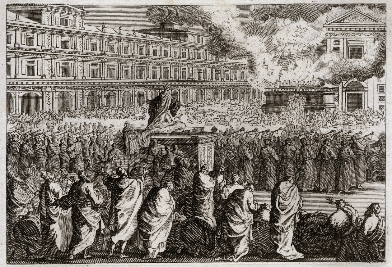 Bible of Royaumont, Det Gamle Testamente: Templets indvielse. Salomo bringer hele sit folk sammen for at fejre med mere højtideligt indvielsen af sit tempel. Illustration fra 1811. af Unknown artist