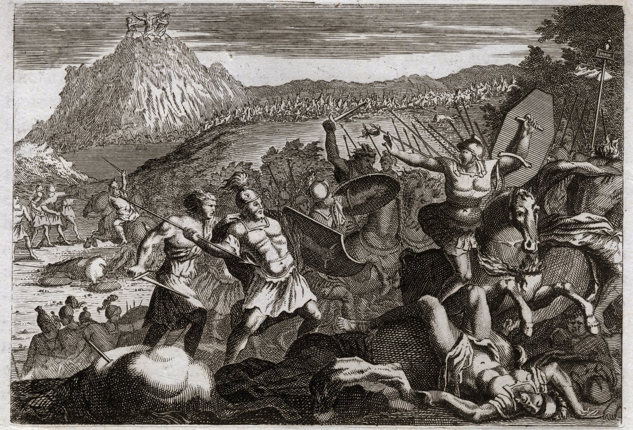 Bible of Royaumont, Gamle Testamente: Nederlag for Amalec (Amalek). Moses vandt sejren over amalekiterne ved at holde sine hænder højt i himlen. Illustration fra 1811. af Unknown artist