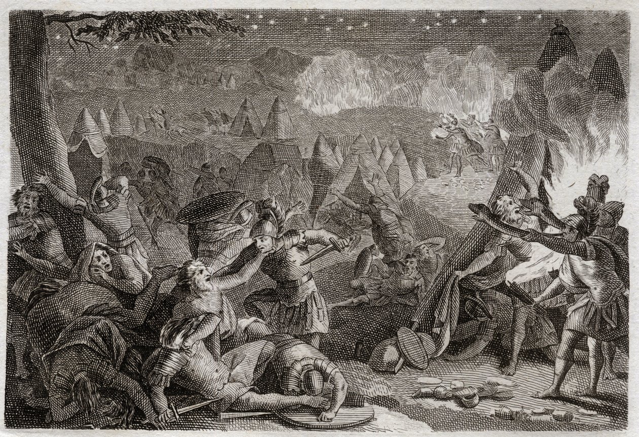 Bible of Royaumont, Det Gamle Testamente: Midjanitternes nederlag ved lyden af trompeterne og ved lampernes lys. Illustration fra 1811. af Unknown artist