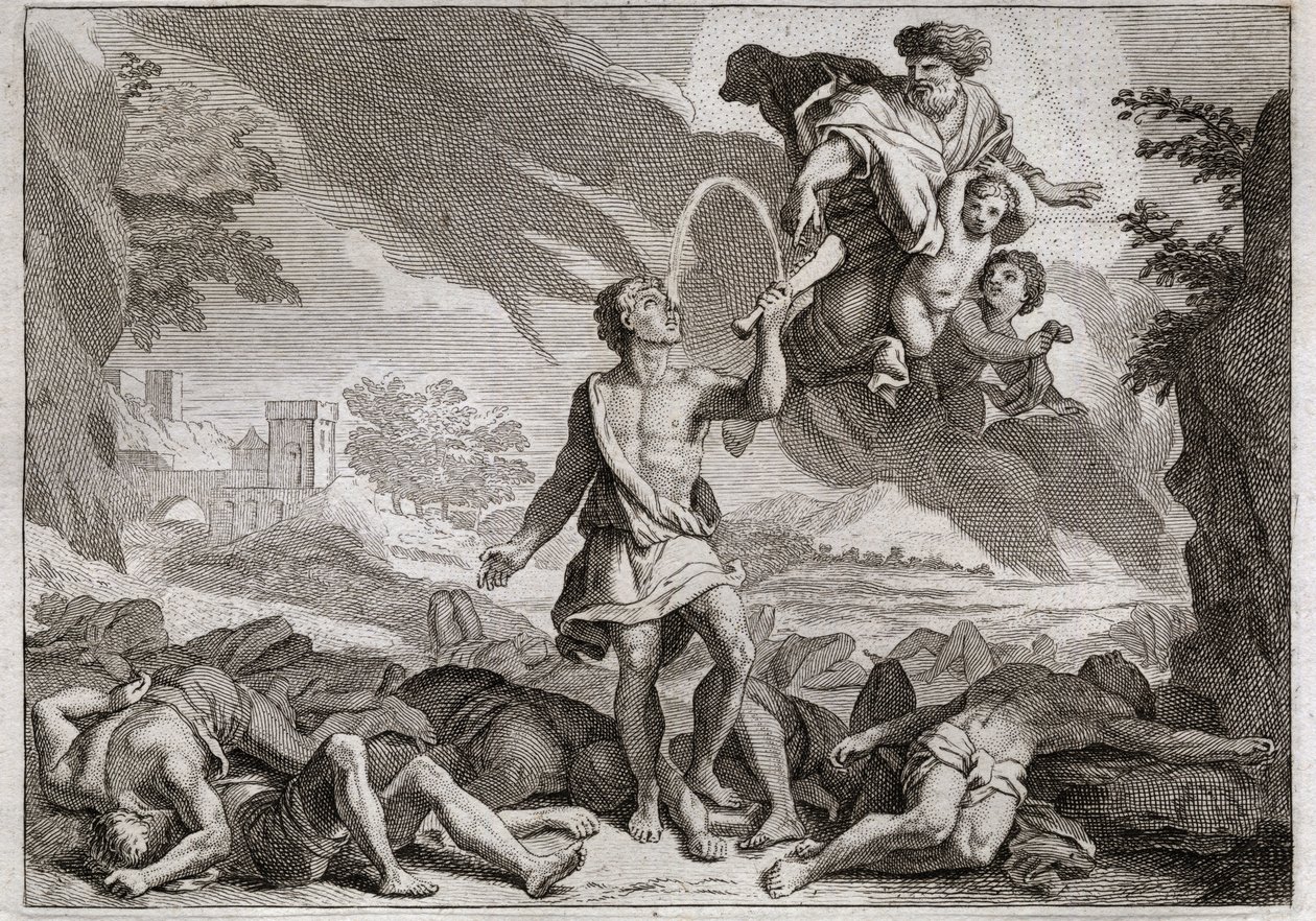 Bible of Royaumont, Det Gamle Testamente: Filisternes nederlag. Samson dræber tusind filister med et æselkæbe. Gud får vand til at strømme ud af kæben, så Samson kan slukke sin tørst. Illustration fra 1811. af Unknown artist