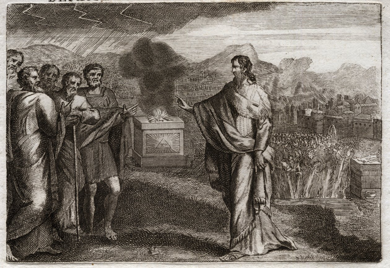 Bible of Royaumont, Det Gamle Testamente: Filisternes nederlag. Samuel tilbyder et holocaust til Gud. Så forsvarer jøderne filistrene. Illustration fra 1811. af Unknown artist