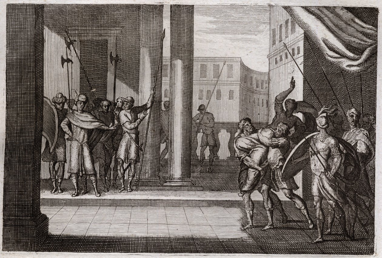 Bible of Royaumont, Det Gamle Testamente: Dina gik ud af nysgerrighed for at se kvinderne i Sikem (eller Sikem), og kongen af den by havde gjort ham til vold, hans brødre tog hævn og dræbte alle Sikems folk med kongen. Illustration fra 1811. af Unknown artist