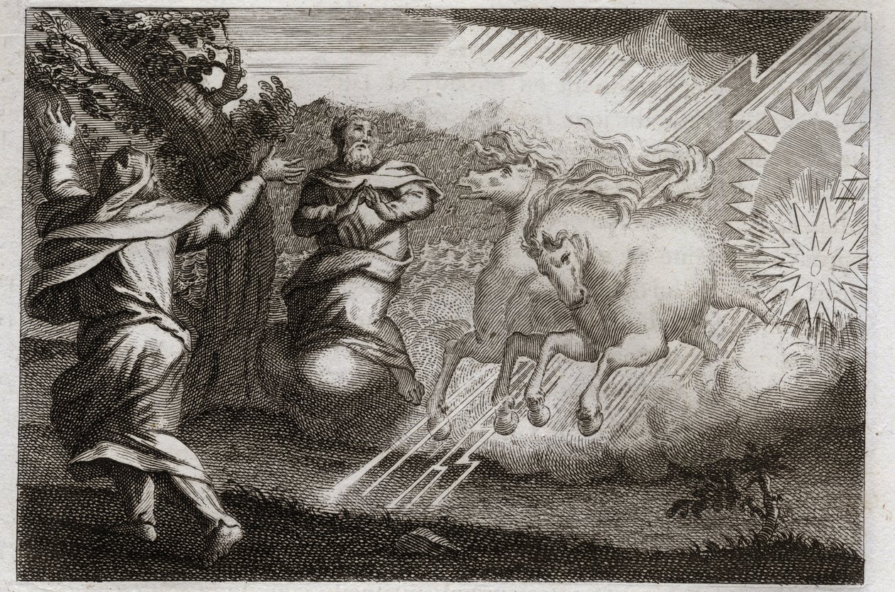 Bible of Royaumont, Det Gamle Testamente: Elias er glad i himlen. Elias bliver taget til himlen i en ildvogn i nærværelse af sin discipel. Elisea modtager fra ham sit dobbelte sind: han deler Jordans vand med Elias