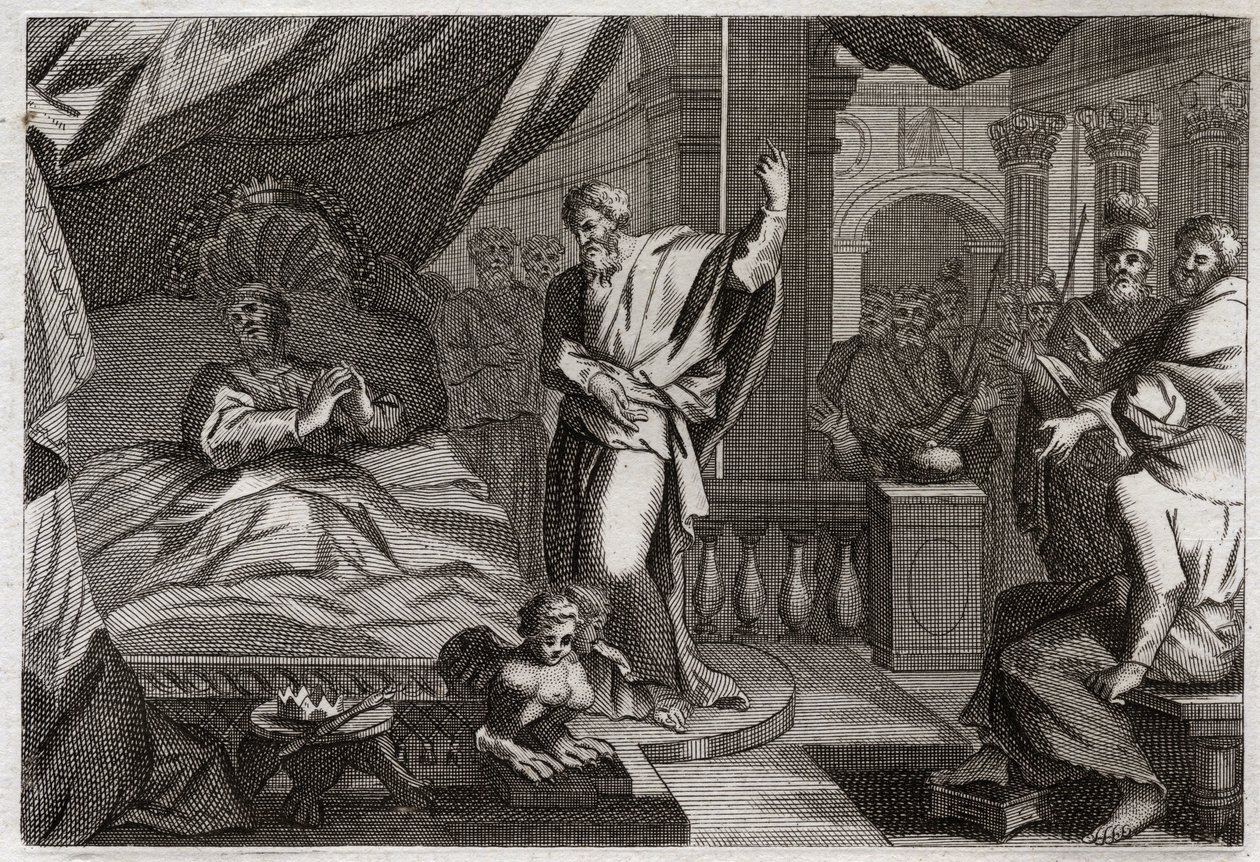 Bible of Royaumont, Det Gamle Testamente: Ezechias modtager helbred. Kong Ezechias var syg ved døden, fik helbred og yderligere femten leveår. Profeten Esajas (Esajas) annoncerer sin krig: tegnet vil være at skubbe urets skygge ti grader tilbage af Unknown artist