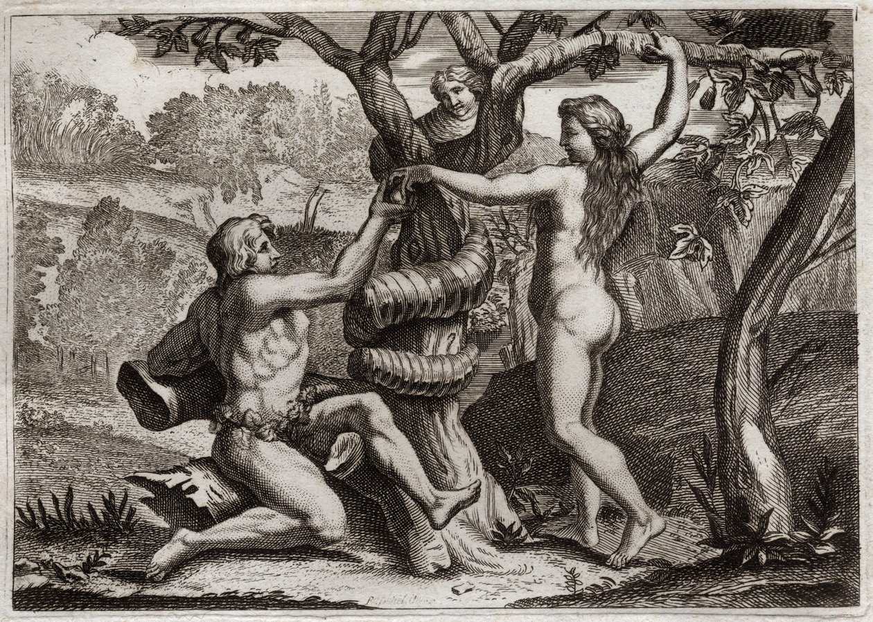 Bible of Royaumont, Gamle Testamente: Adams fald. Dæmonen under ansigtet på en slange taler til Eva, og teltet til at spise forbudt frugt: Eva falder og får også Adam til at falde. Illustration fra 1811. af Unknown artist