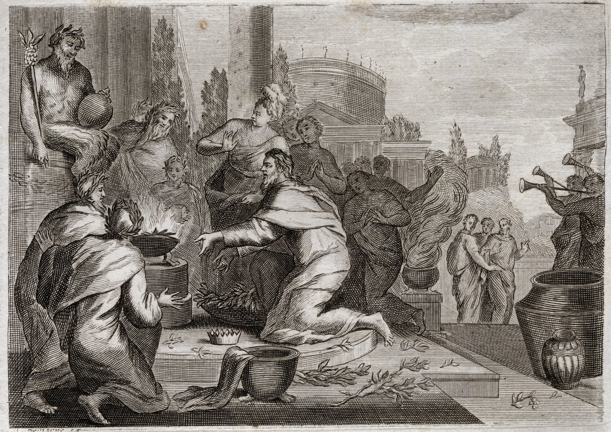 Bible of Royaumont, Gamle Testamente: Salomons fald. Salomo er fordærvet af kvinder og ofrer røgelse til de falske guders afguder. Hans død. Illustration fra 1811. af Unknown artist
