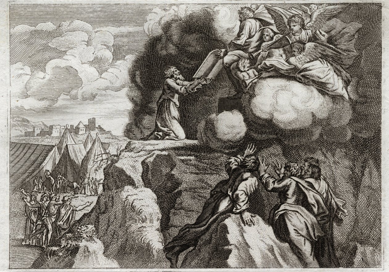 Bible of Royaumont, Det Gamle Testamente: Lovens første tabeller. Gud giver loven til sit folk på Sinajbjerget. Moses modtager de 10 bud fra Guds hænder. Illustration fra 1811. af Unknown artist