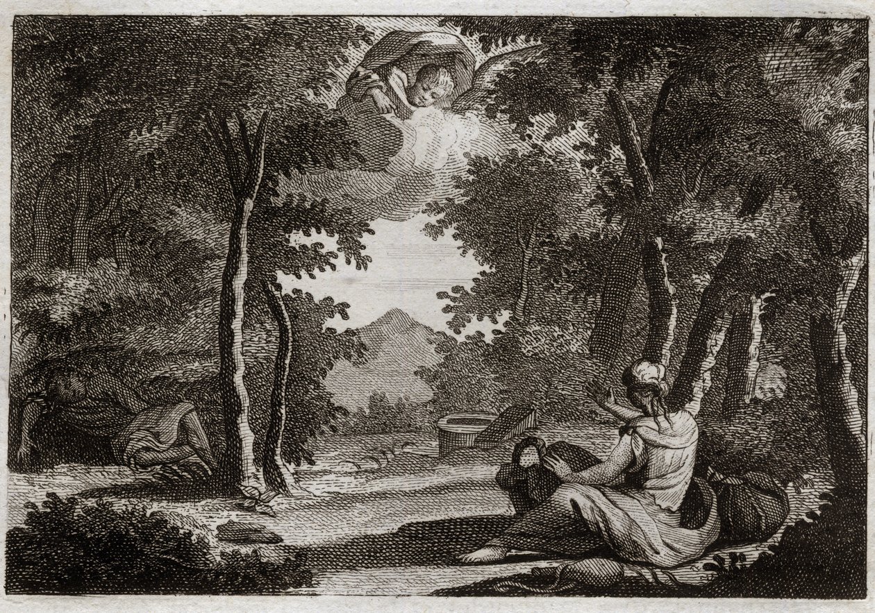 Bible of Royaumont, Det Gamle Testamente: Agarflugt. Agar (Hagar) rejser sagen Sara (Sarah) hans elskerinde. Sara snakker hårdt om sin uforskammethed. Agar kan ikke lide hende og flygtede fra huset i ørkenen, eller en engel taler med hende for at bringe he af Unknown artist