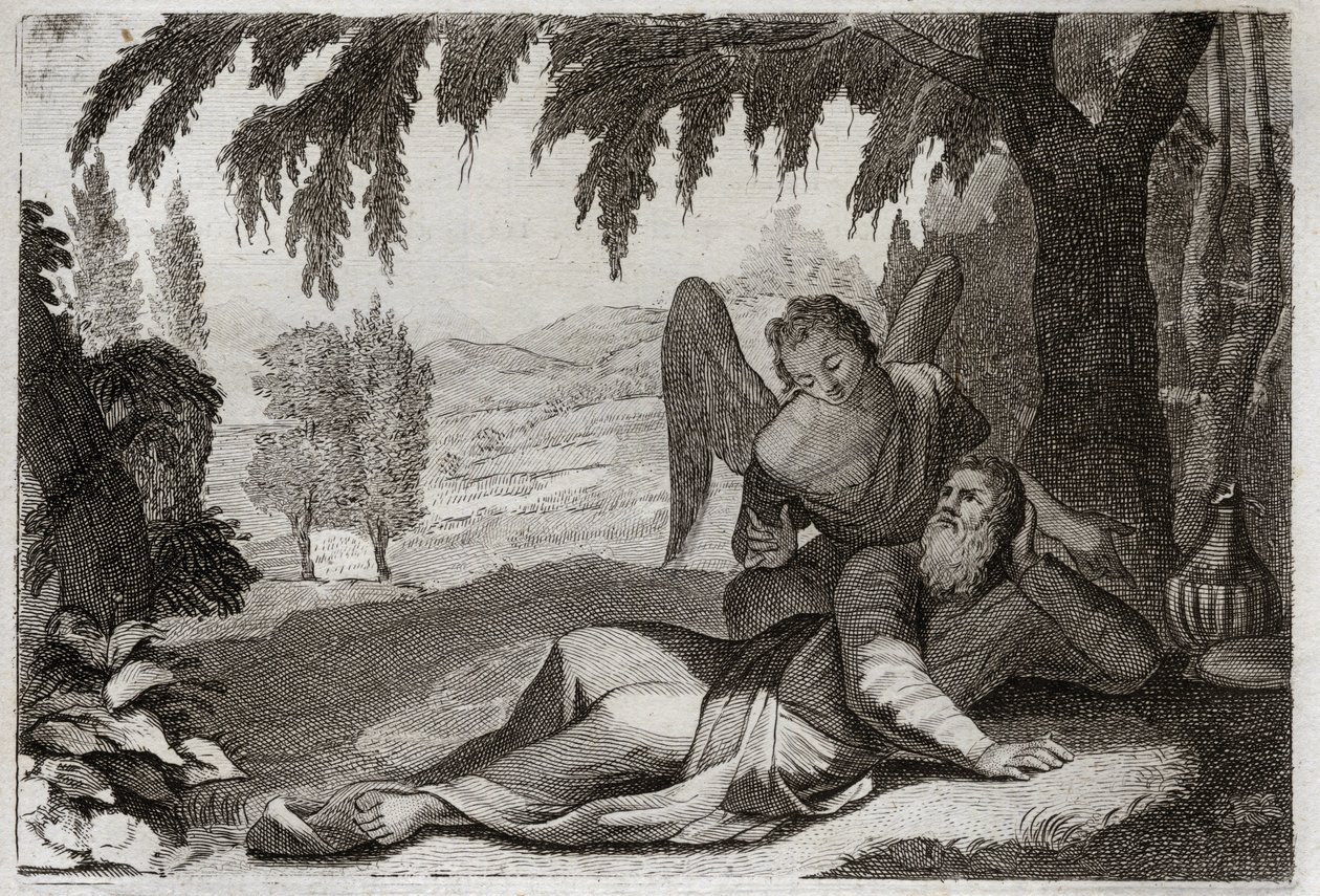 Bible of Royaumont, Det Gamle Testamente: Elias flugt. Elias flygter fra Jezabels vrede, som ville hævne sig på ham for hans falske profeters død, støttes i ørkenen af en engel, der bringer ham mad. Illustration fra 1811. af Unknown artist