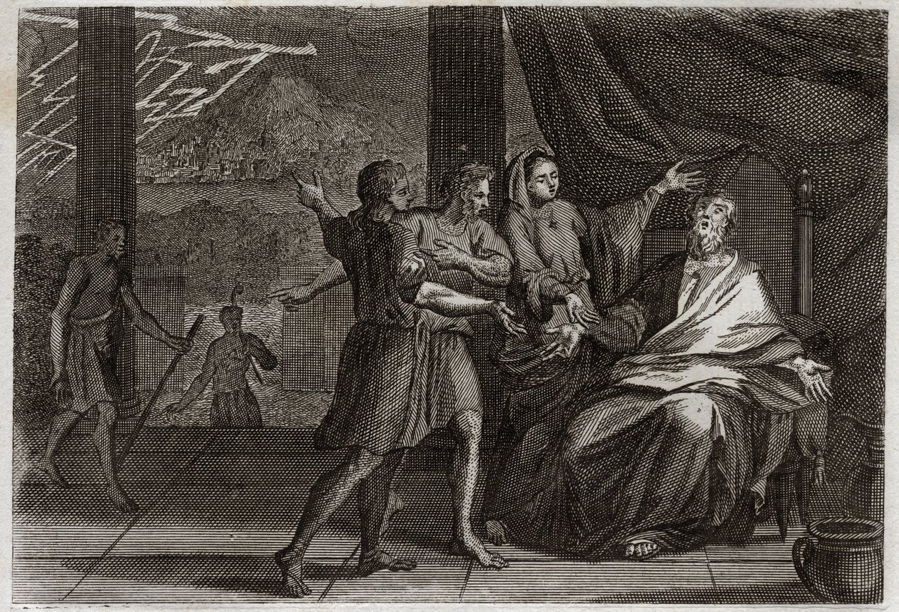 Bible of Royaumont, Gamle Testamente: Jobs venner. Job i stedet for at blive trøstet af tre prinser, modtog hans venner, der kommer for at se ham, kun sorg, fordi de ville få ham til at se skyldig ud. Illustration fra 1811. af Unknown artist