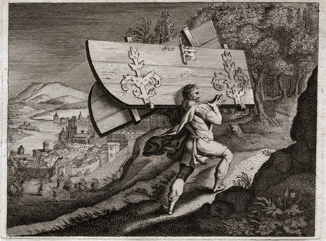 Bible of Royaumont, Gamle Testamente: Gates of Gaza. Samson, lås inde i Gaza, riv byportene ud. Illustration fra 1811. af Unknown artist