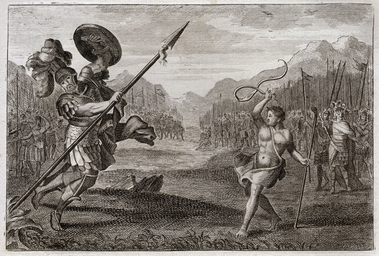 Bible of Royaumont, Gamle Testamente: Kæmpe Goliat. Goliat, filisteren, af en storslået storhed, bliver besejret af David, kun våben med en slynge og en stok. Illustration fra 1811. af Unknown artist