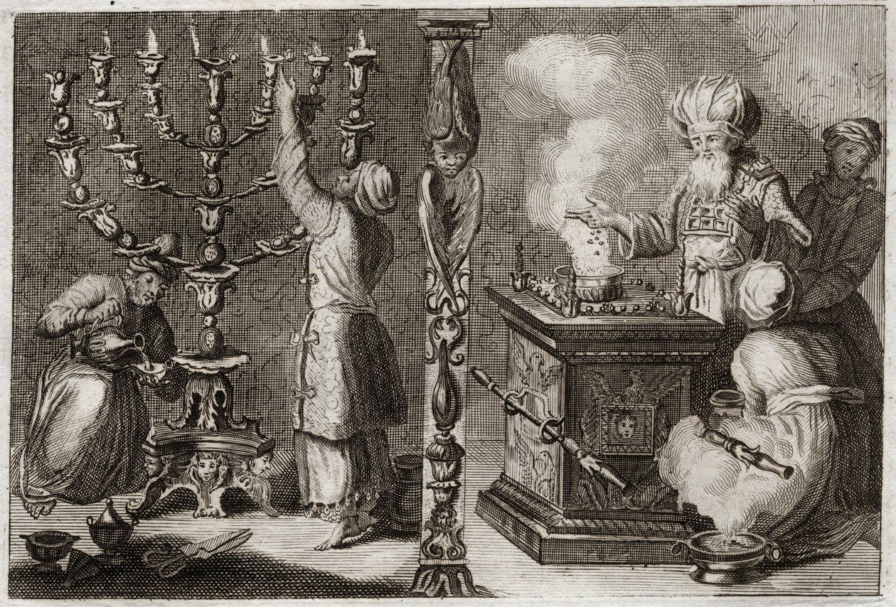 Bible of Royaumont, Gamle Testamente: Gyldne lysestage har syv grene (menorah eller menorah) i Tabernaklet. Illustration fra 1811. af Unknown artist