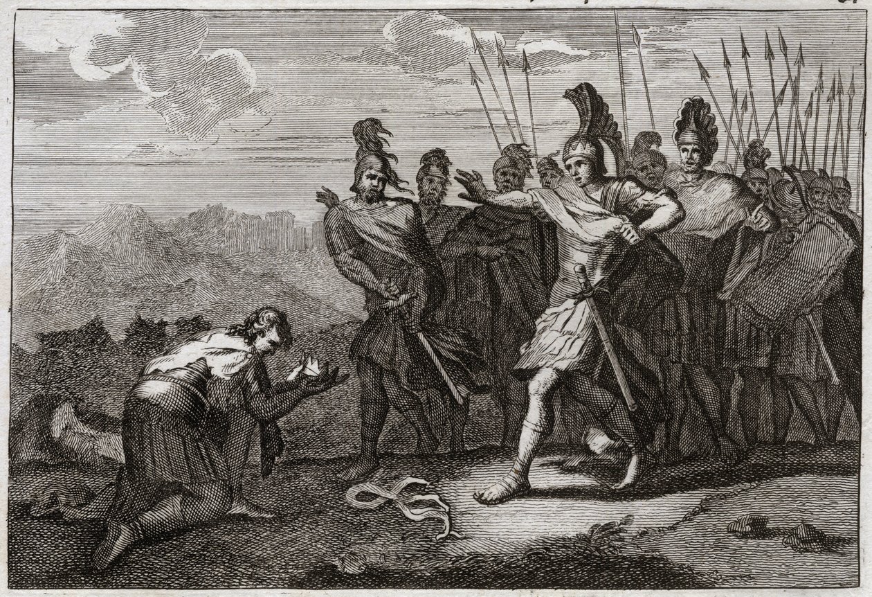 Bibelen fra Royaumont, Det Gamle Testamente: Sauls hoved. Filisterne nyder Sauls død og ofrer hans hoved til deres afgud. David fortryder døden og tager til Judæus, eller han bliver anerkendt som konge i Hebron. Illustration fra 1811. af Unknown artist