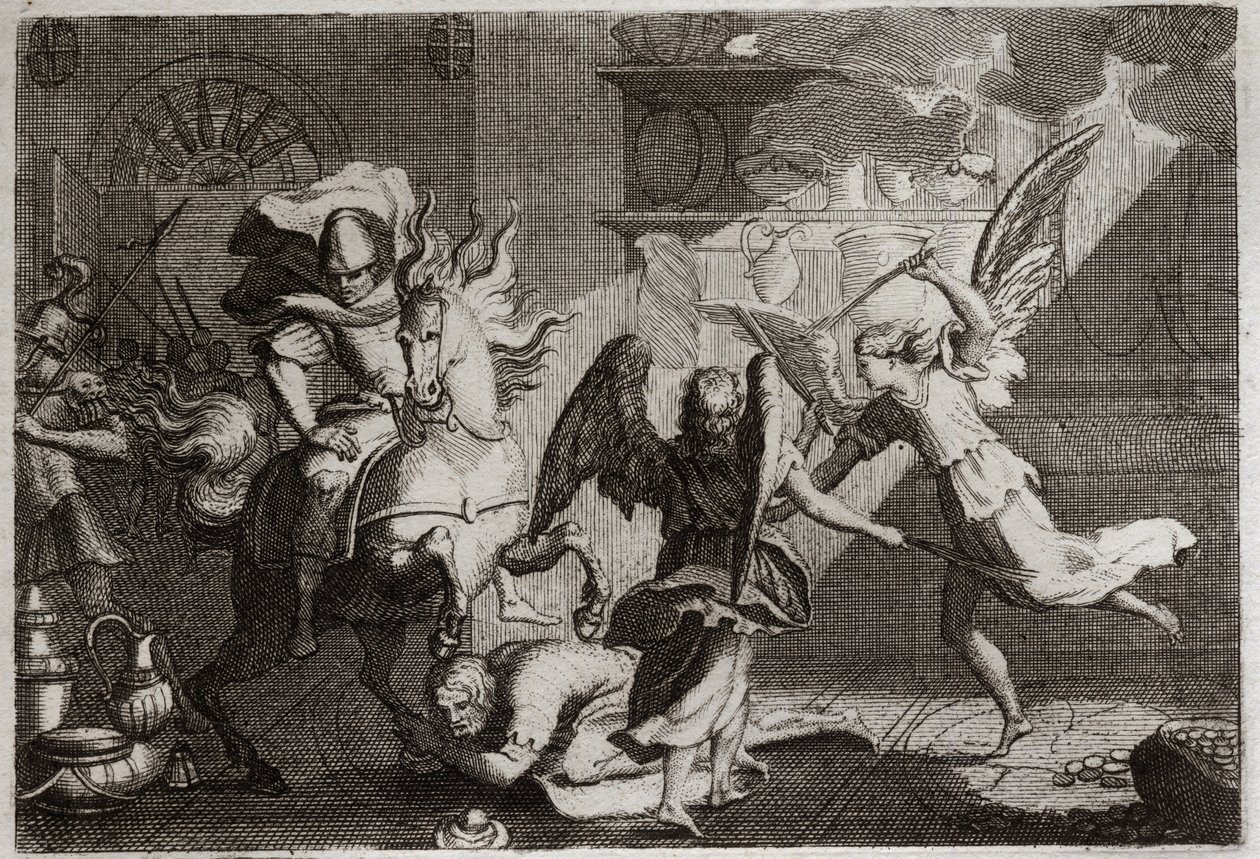 Bible of Royaumont, Gamle Testamente: Heliodor på jagt efter templet. Heliodor (Heliodoros) sendt af sin hersker for at plyndre Jerusalems tempel, blev slået med meter af engle. Illustration fra 1811. af Unknown artist