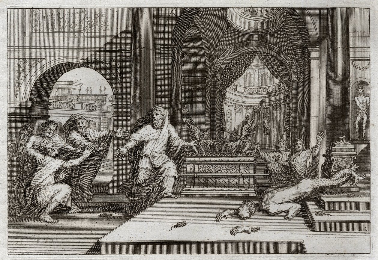 Bible of Royaumont, Det Gamle Testamente: Dagons Idol. Og da filistrene satte pagtens ark i templet ved siden af deres Gud Dagon, bragte hun deres afgudsbillede ned og slog dem alle med en meget høstplage, som tvang dem til at sende hende bort. Illu af Unknown artist
