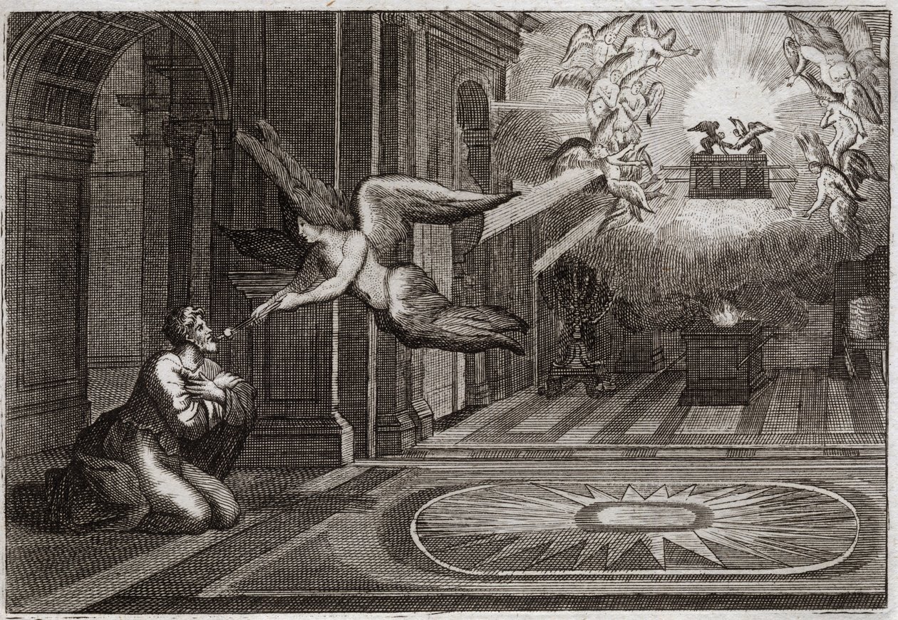 Bible of Royaumont, Gamle Testamente: Esajas profet. En serafin tog med sin pincet et brændende ildkul, der var på alteret, og rørte ved denne hellige profets læber for at rense ham fra alle hans pletter. Illustration fra 1811. af Unknown artist