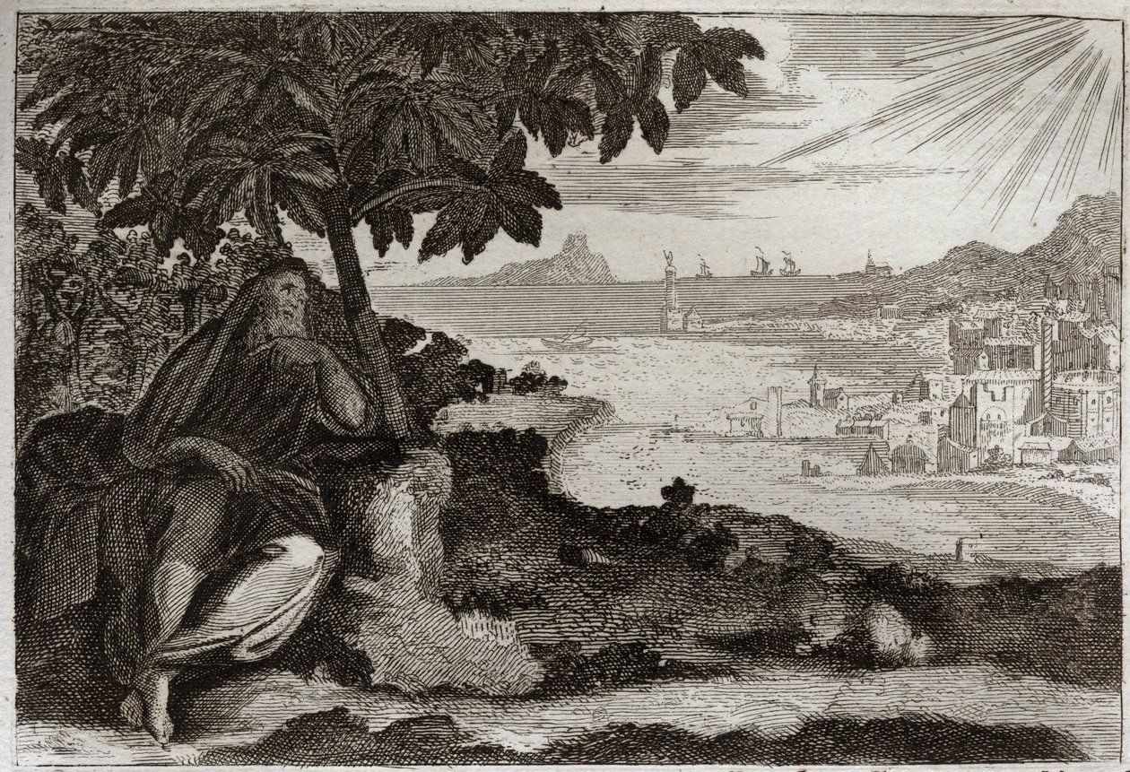 Bible of Royaumont, Gamle Testamente: Ivy desseche. Gud viser ved et følsomt eksempel til sin profet Jonas, hvor meget han elsker mænd, og hvor meget smerte han lider, når han er tvunget til at straffe dem. Illustration fra 1811. af Unknown artist