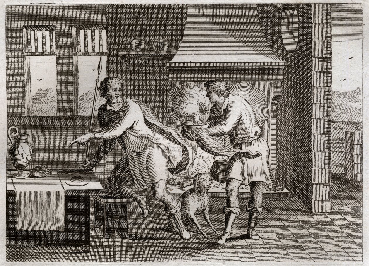 Bible of Royaumont, Gamle Testamente: Jakob og Esau. Esau sælger sin bror Jakob sin bedstefar ret for nogle linser. Illustration fra 1811. af Unknown artist