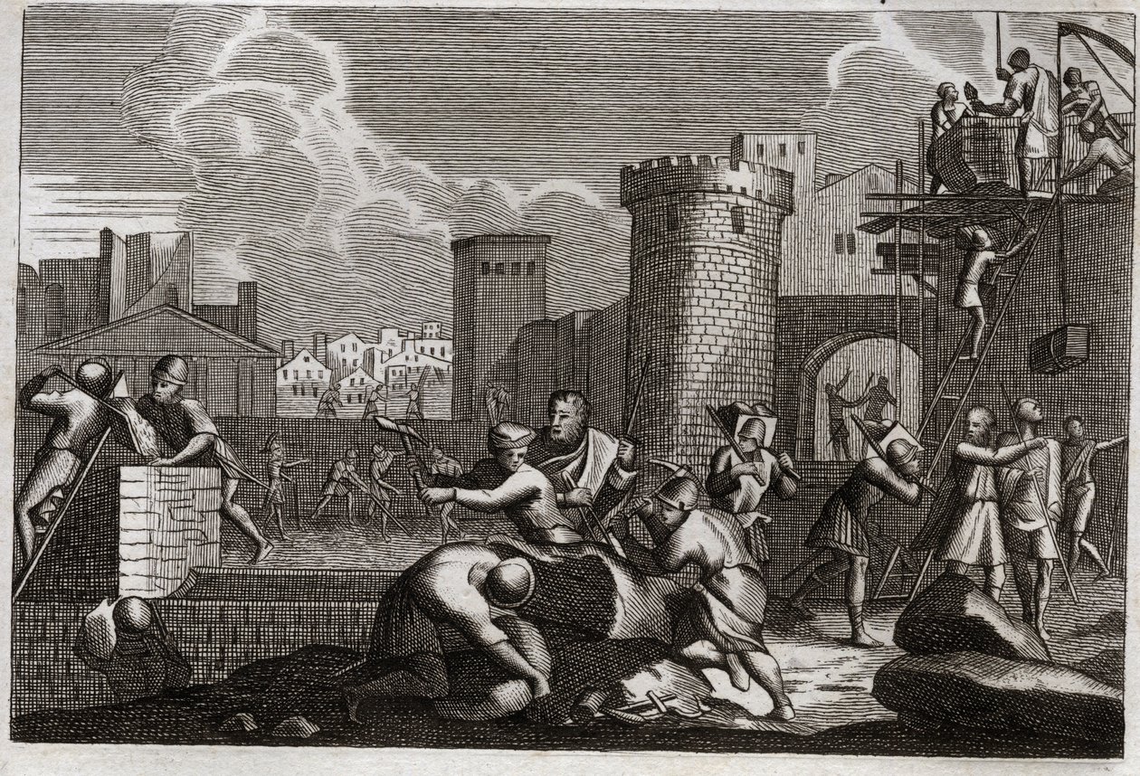 Bible of Royaumont, Det Gamle Testamente: Jerusalem-rabat. Kong Artaxerxes I sendte Nehemia til Jerusalem med tilladelse til at gøre oprør mod alle dens mure. Illustration fra 1811. af Unknown artist