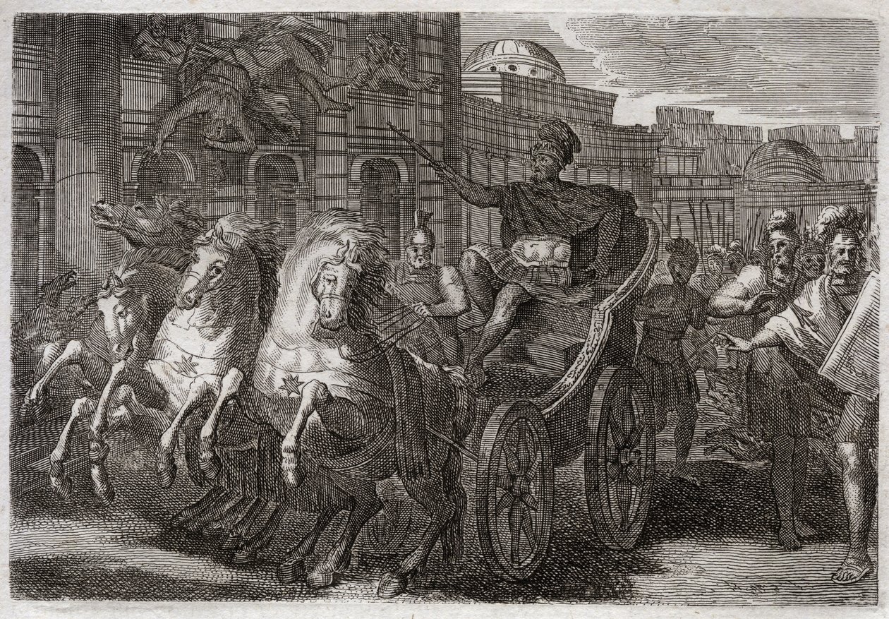Bible of Royaumont, Gamle Testamente: Jezabel spiser hunde. Jehu får Jezabel smidt ud af et vindue, og hun bliver spist af hunde. Illustration fra 1811. af Unknown artist