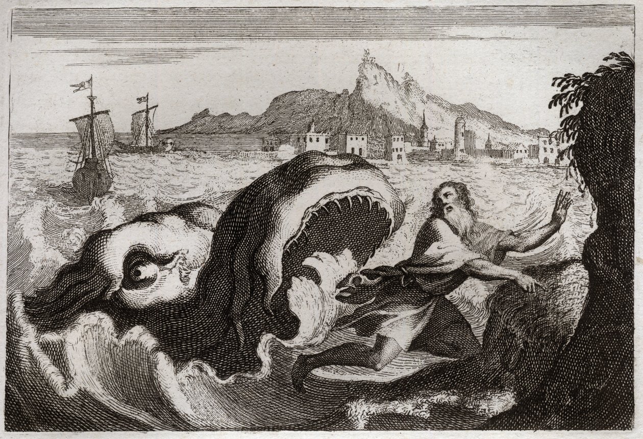 Bible of Royaumont, Gamle Testamente: Jonas i hvalen. Profeten Jonas bor i en hval og kommer ud i live. Illustration fra 1811. af Unknown artist