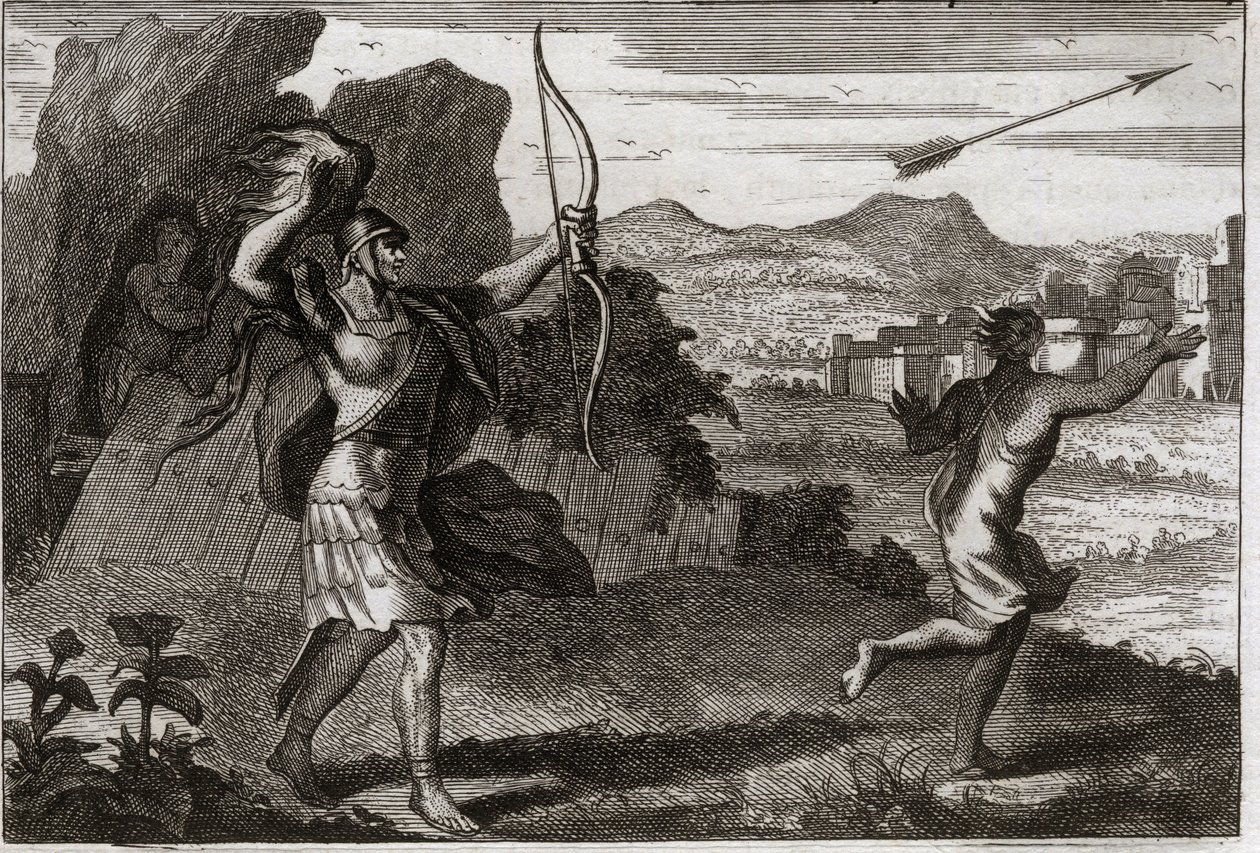 Bible of Royaumont, Det Gamle Testamente: Jonathan og David. Og da Jonatan så sin fars bitterhed, advarede Saul ham om at trække sig tilbage. Illustration fra 1811. af Unknown artist