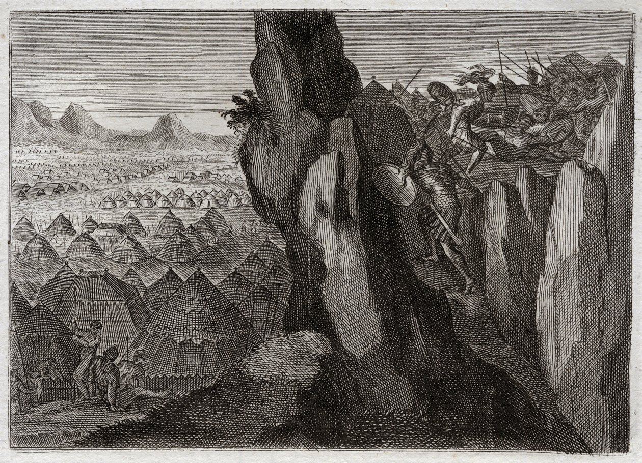 Bible of Royaumont, Gamle Testamente: Jonathan og hans Ecuyer. Jonatan, kong Sauls søn, går alene med sin ecuyer ind i filisternes lejr og sender dem på flugt. Illustration fra 1811. af Unknown artist
